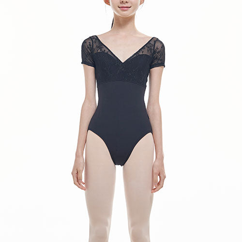 V-neck cap sleeve with mesh detail  by e’flora