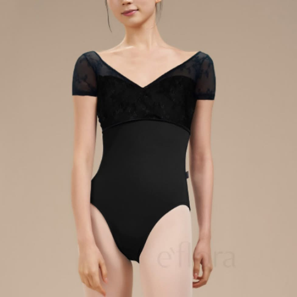 V-neck cap sleeve with mesh detail  by e’flora
